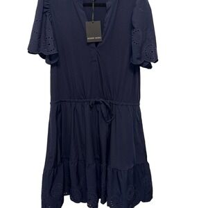 Modern Works Women's Dress Navy Coastal Preppy Puff Sleeve Eyelet Plus Size 1X